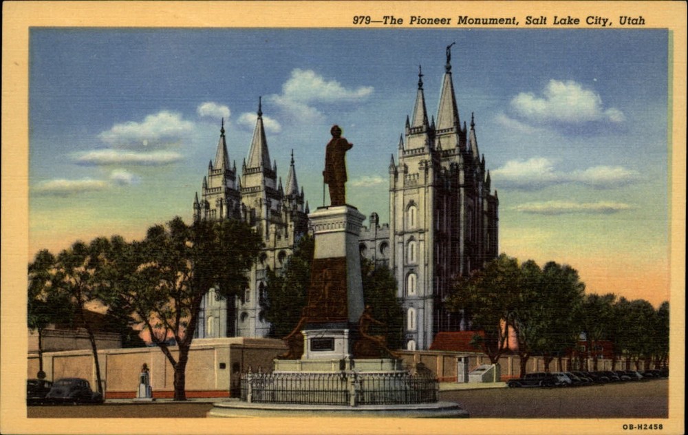 Pioneer Monument Salt Lake City Utah ~ vintage 1930s linen postcard