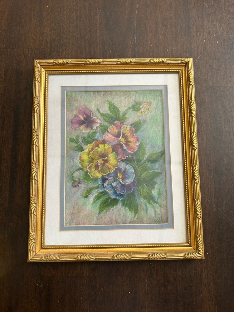 Original Colored Pencil Pansies Drawing Signed Geraldine B. Slocum