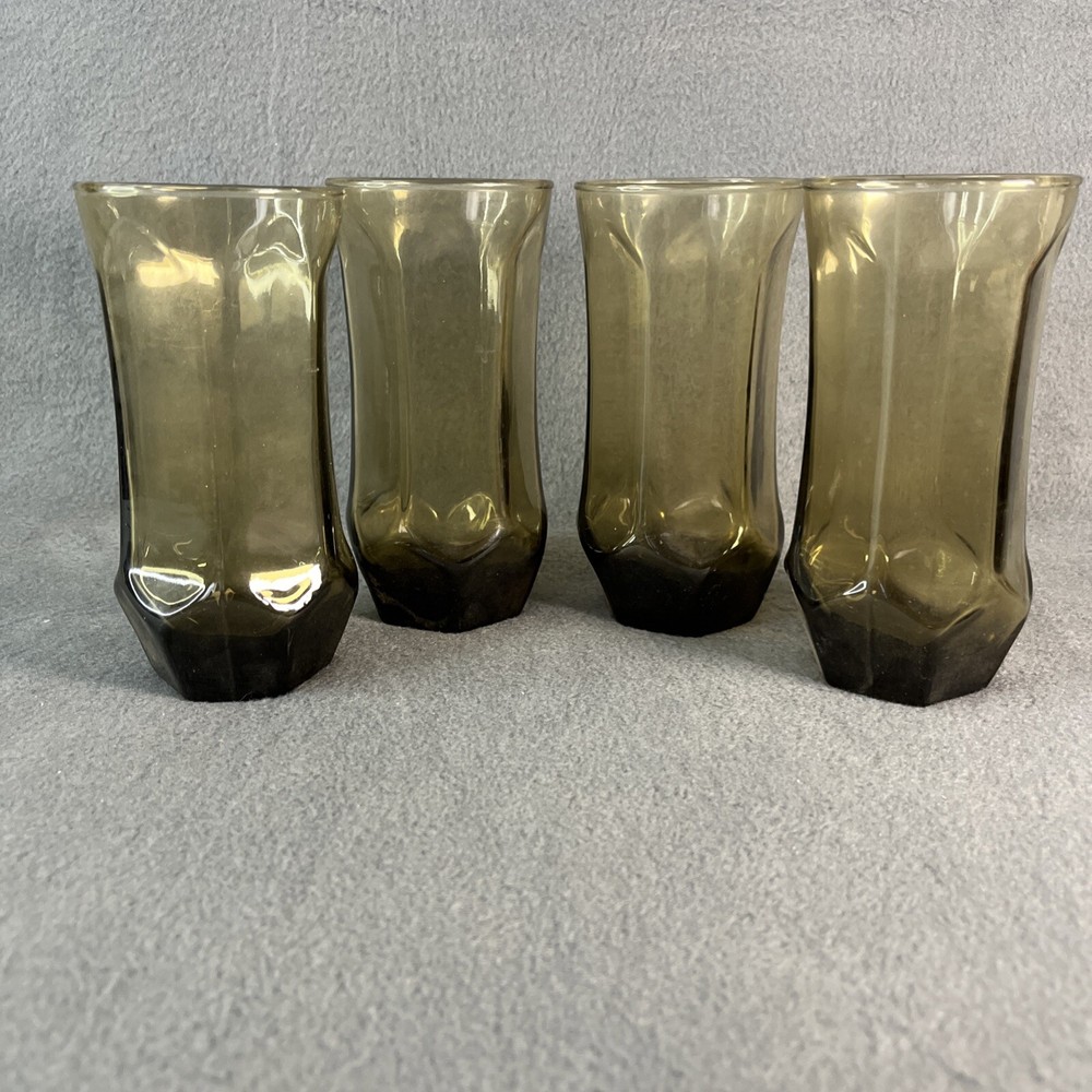 Set Of 4 Libbey Drinking Glasses Smoky Brown Clear Hexagon 5.5