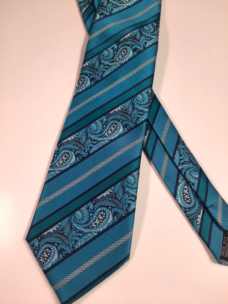 Barry Wang Men’s Silk Necktie Blue Teal Paisley Striped Luxury Dress Tie