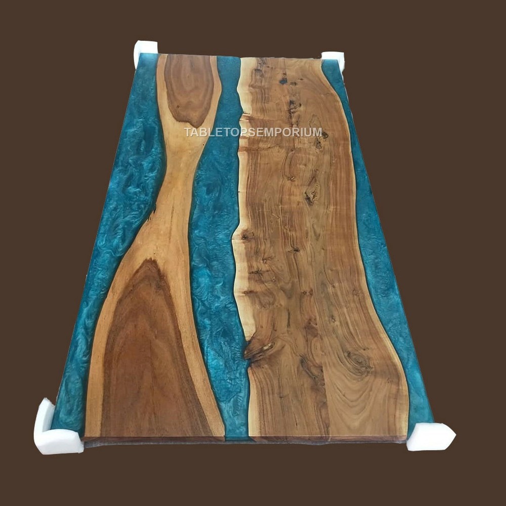 Custom Acacia Wood Epoxy Resin Blue Dining Table Top-image