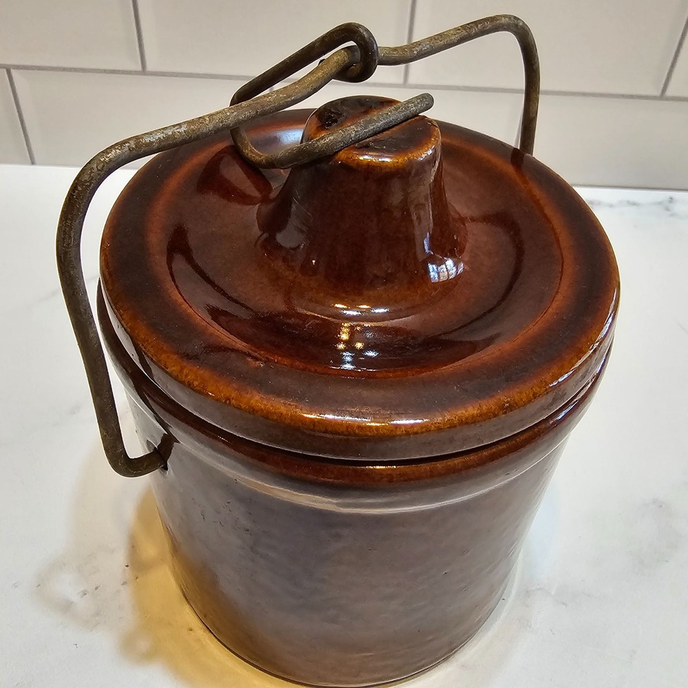 Brown Glazed Cheese And Butter Crock With Locking Wire Bail And Lid 5