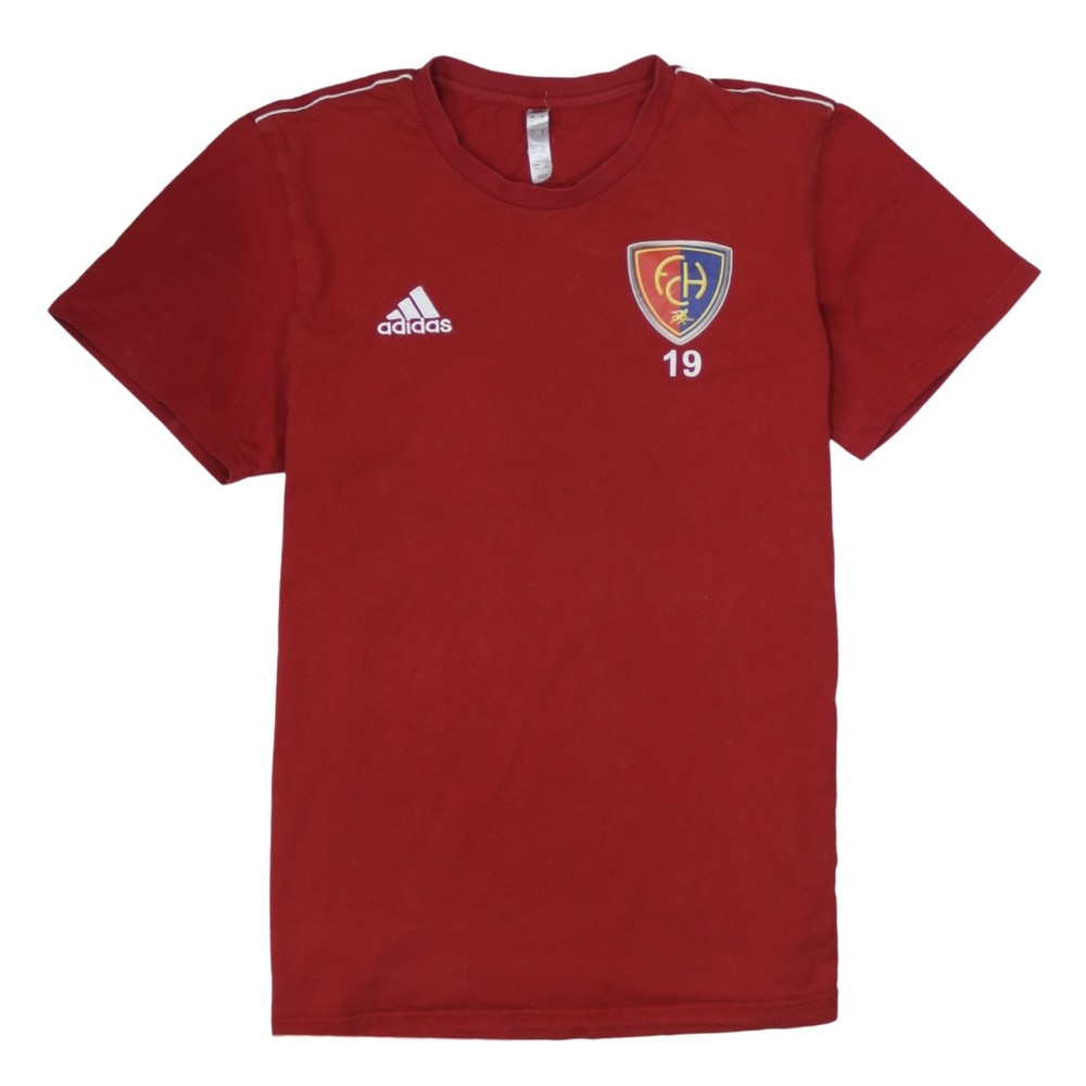 Adidas Mens T Shirt Red Football Crest Logo Three Stripe Shoulder Jersey L