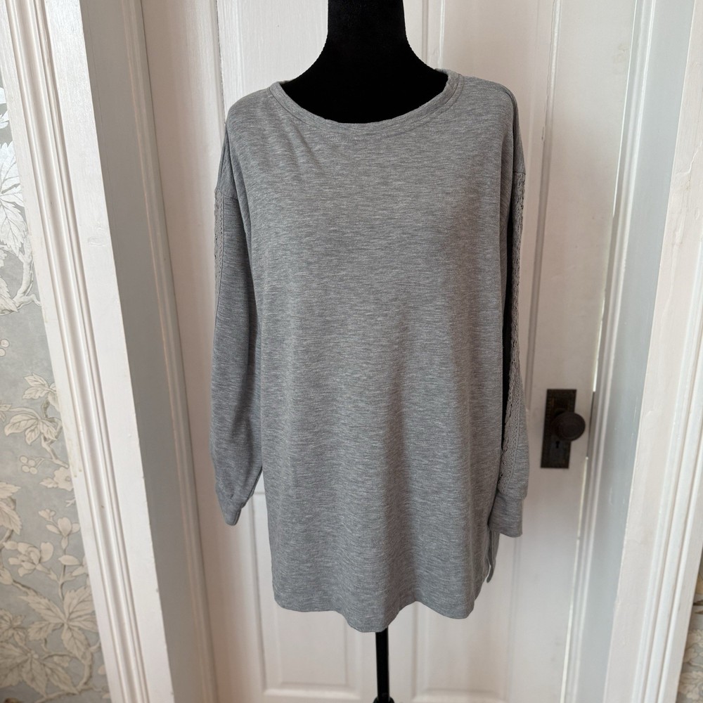 LC Lauren Conrad Gray Round Neck Knit Tunic Top Lace Long Sleeve L