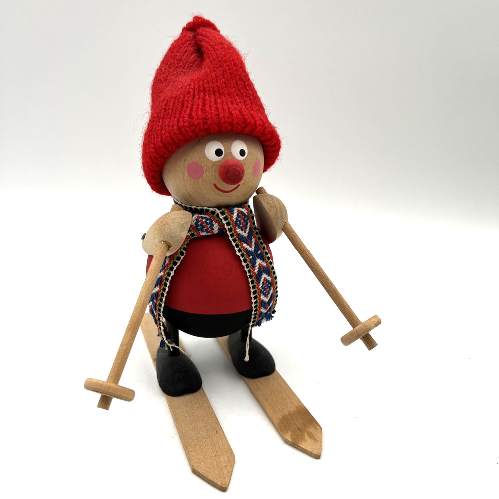 Vintage Skier Hand Carved Ljungstroms Wood Sweden Tomte Arms Move Folk Art