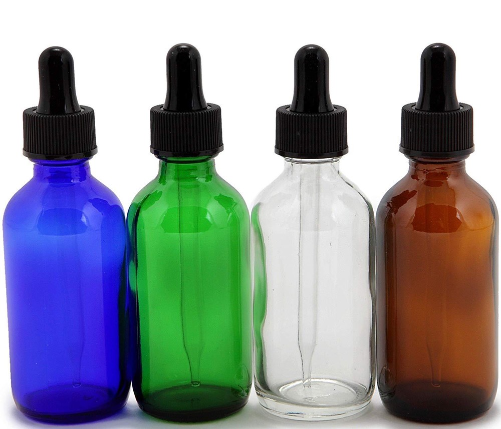 4 Pack  Assorted Colors, 2 oz Glass Bottles, With Glass Eye Droppers