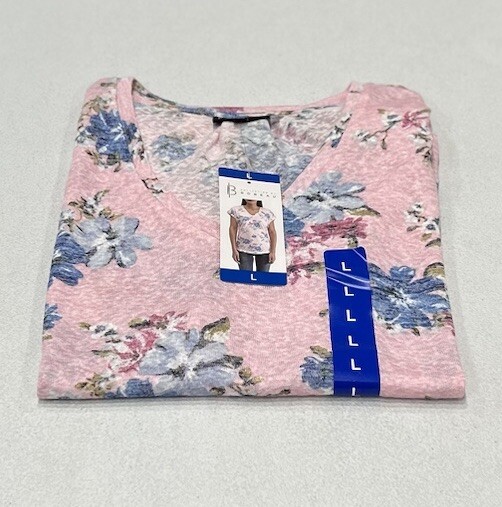 Bobeau Women's Printed French Terry V-Neck Tee, Pink Floral, Size L