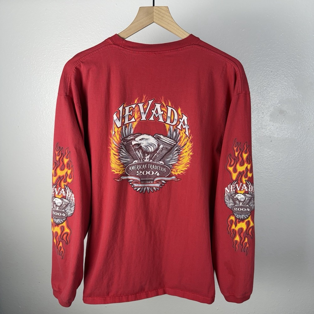 Vintage Nevada Tradition Biker Flames Sturgis Y2K Long Sleeve T Shirt Size XL