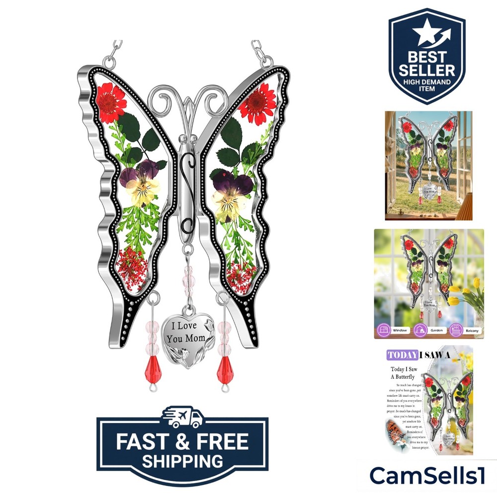 Gifts for Mom Butterfly Suncatcher I Love You Mom Stained Glass Sun Catcher H...