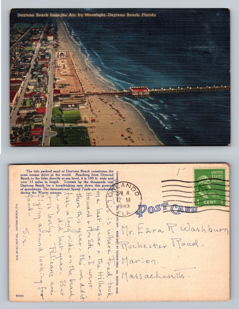 Daytona Beach, FL-Florida, Aerial Night Pier View Card, Vintage c1945 Postcard