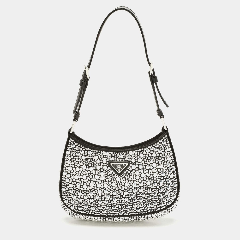 Prada Cleo Black Crystals Patent Leather and Satin Shoulder Bags