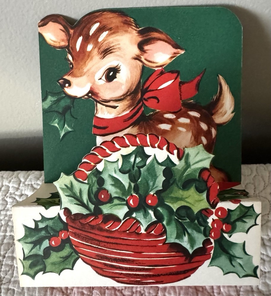 Unused Christmas Reindeer Deer Holly Stand Up Pop Out Vtg Greeting Card 1950s