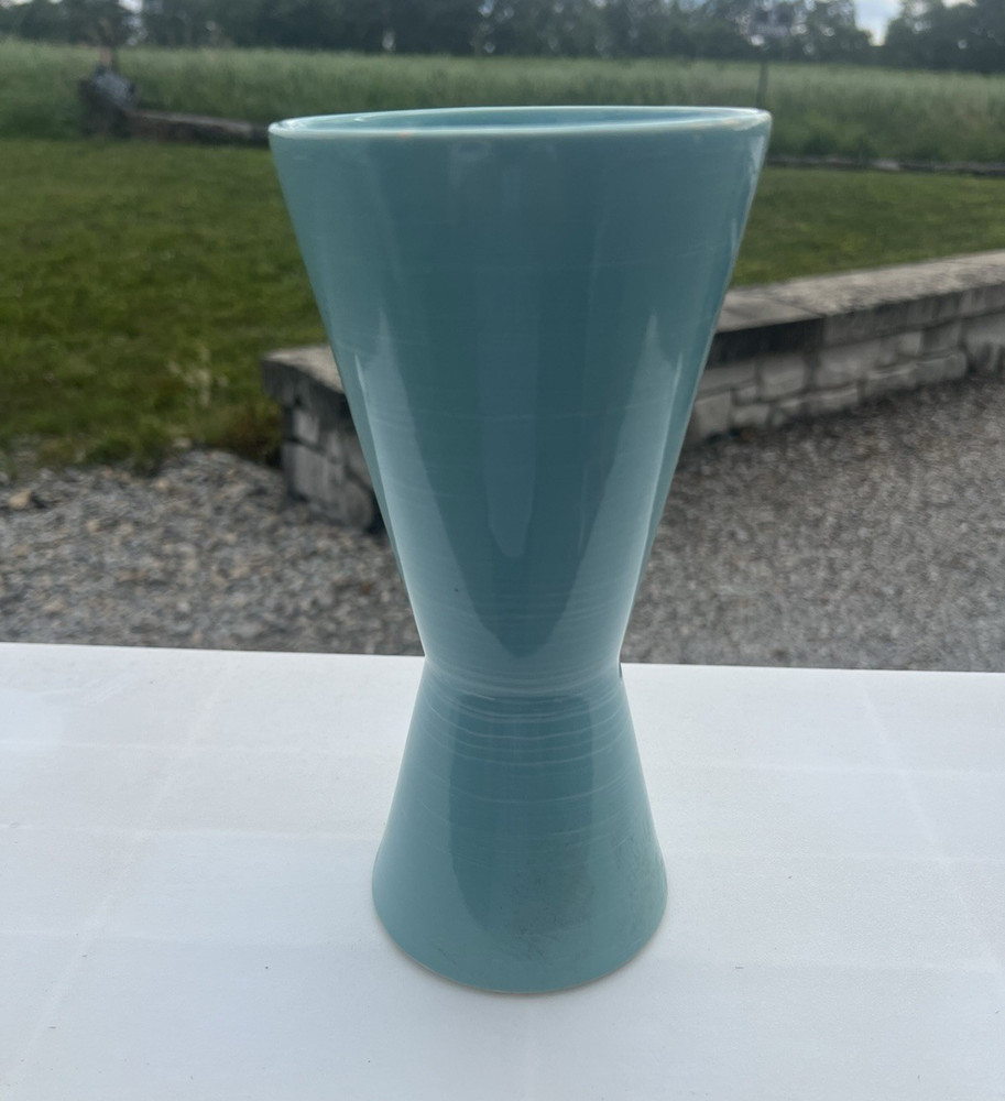Vintage McCoy USA Ceramic Pottery Vase Solid Blue Glossy Signed Impressed