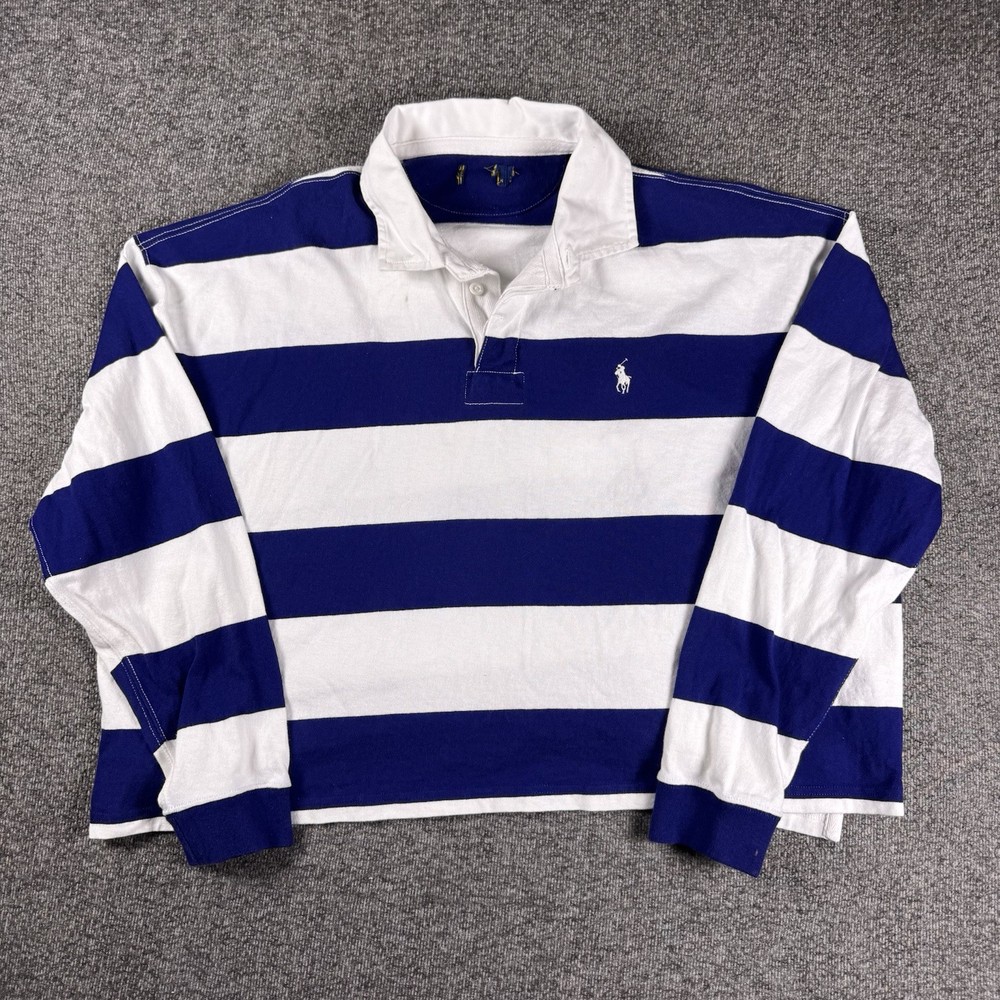 Polo Ralph Lauren Rugby Shirt Womens 2XL White & Navy Striped Cropped Preppy