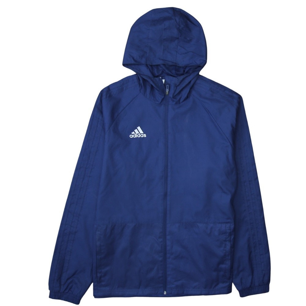 Adidas Mens Windbreaker Jacket Navy Blue Hooded Full Zip Logo Pockets Shell L