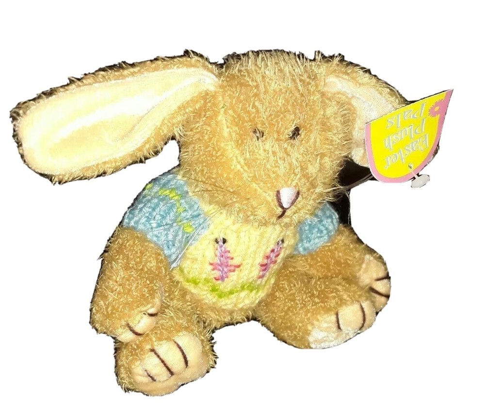Goffa Brown Bunny rabbit in Yellow blue sweater plush stuffed animal 8