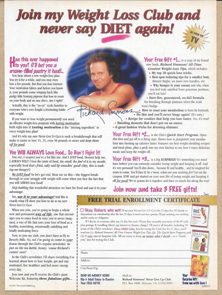Richard Simmons Never Give Up Weight Loss Club 1999 Vintage Print Ad Fitness Art