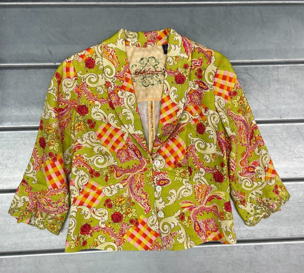 Robert Graham Blazer Jacket Womens Size 4 Green Floral Linen 3/4 Sleeve Boho