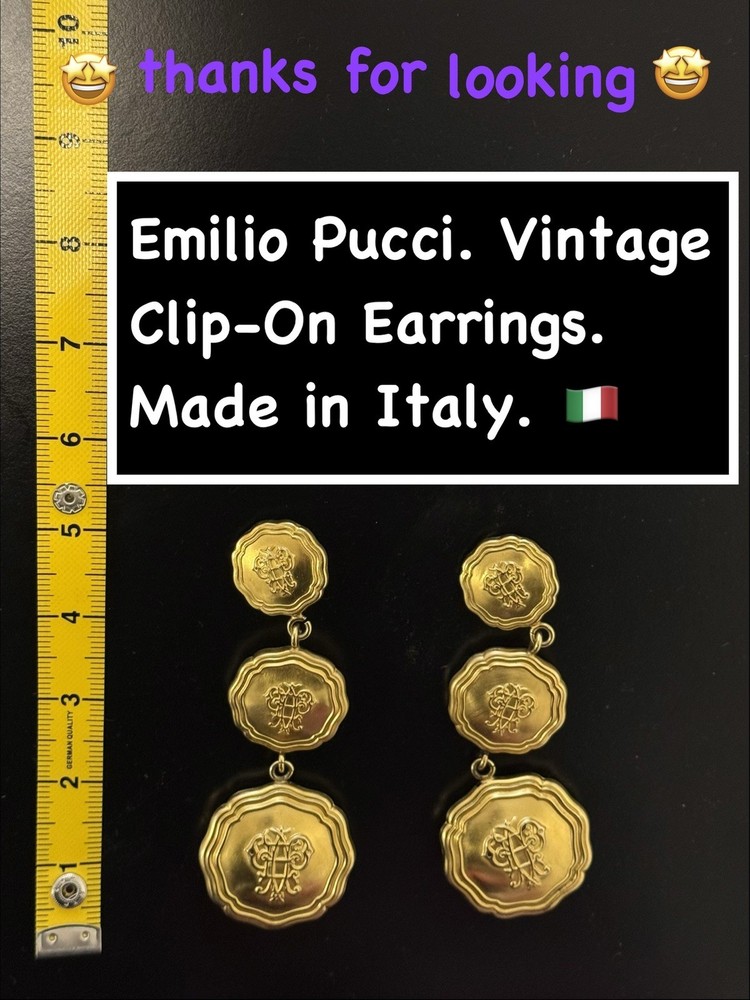 Emilio Pucci Vintage Clip-On Dangle Earrings Gold Tone Made In Italy