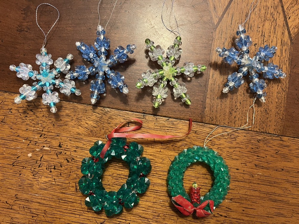 Vintage Plastic Beaded Handmade Wreath Candles, snow flake Christmas Ornaments