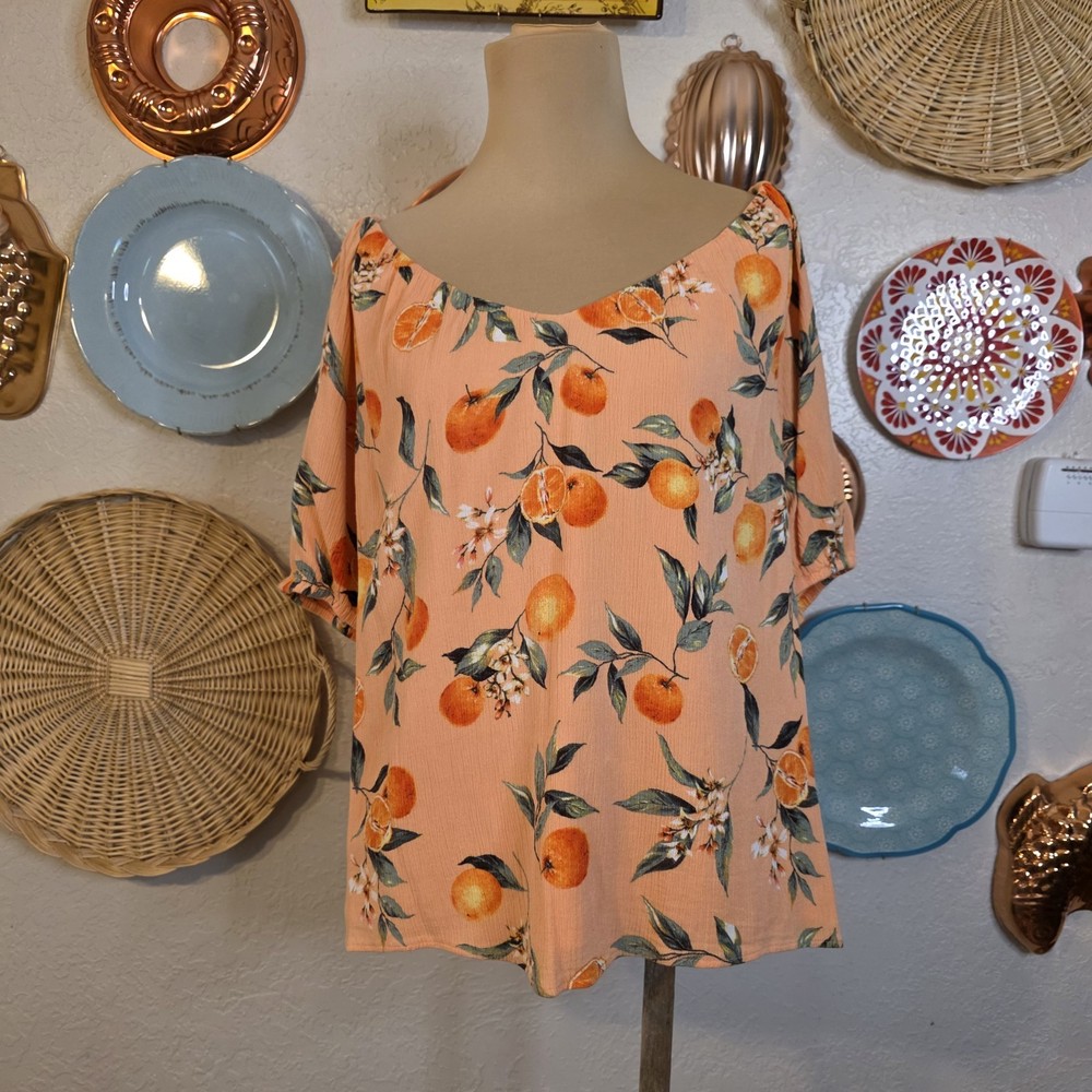 LOFT Orange Citrus Floral Short Sleeve V-Neck Off Shoulder Blouse Women's Top