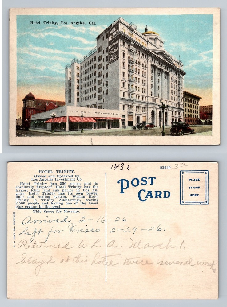 Los Angeles, CA-California, Hotel Trinity Downtown Corner View Vintage Postcard