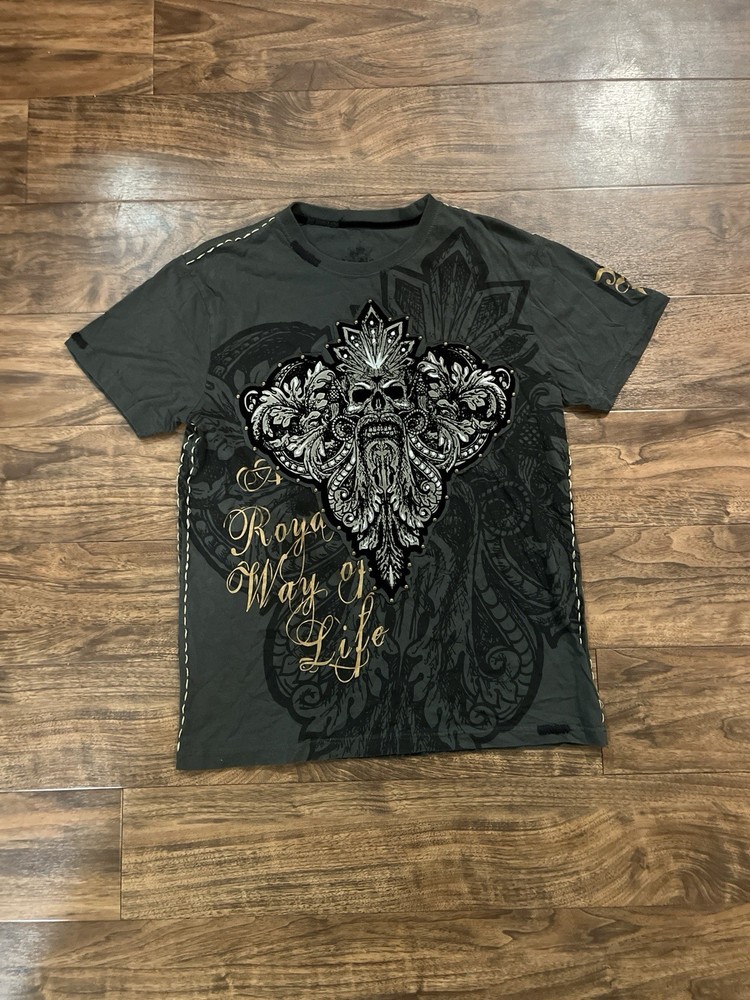 Vintage Y2K Rebel Spirit AOP Embellished T Shirt Size Large