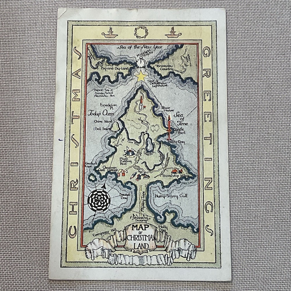 Vintage Christmas Postcard Map Of Christmas Land Art Deco Postmark 1932
