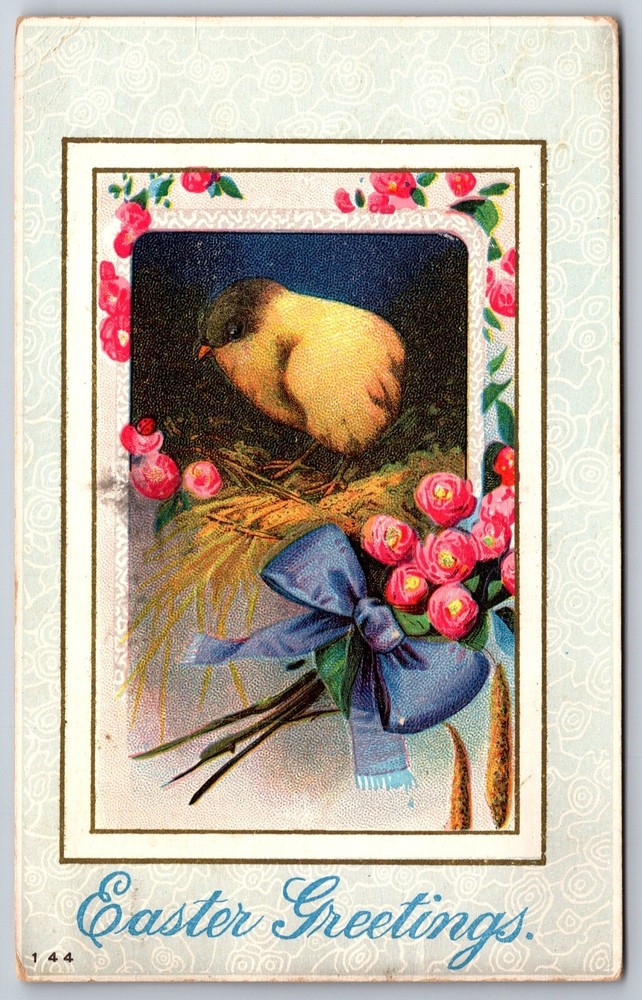 Holiday~Chick Pink Flowers Blue Ribbon Easter Greeting~Vintage Postcard