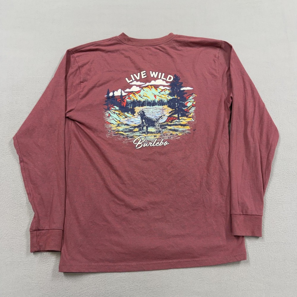 Burlebo Shirt Mens Medium Red Long Sleeve Live Wild Dog Pocket Graphic Tee