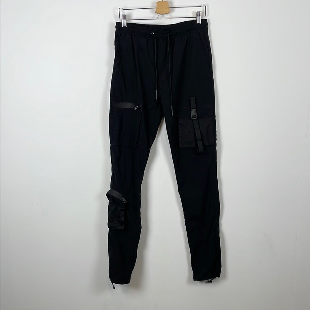 Forever 21 Mens XL Black Parachute Cargo Pants with Straps and Drawstring