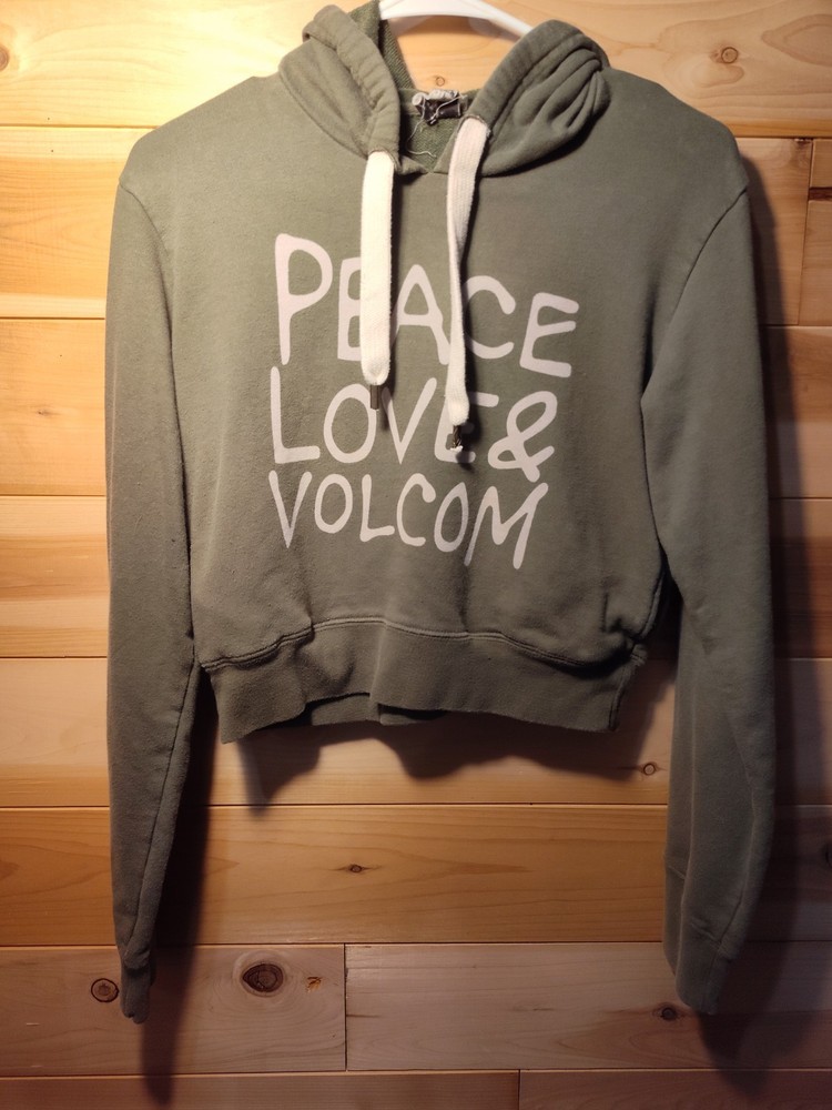 VINTAGE Volcom Pullover Hoodie Sweatshirt Peace Love & Volcom Olive Green Size L