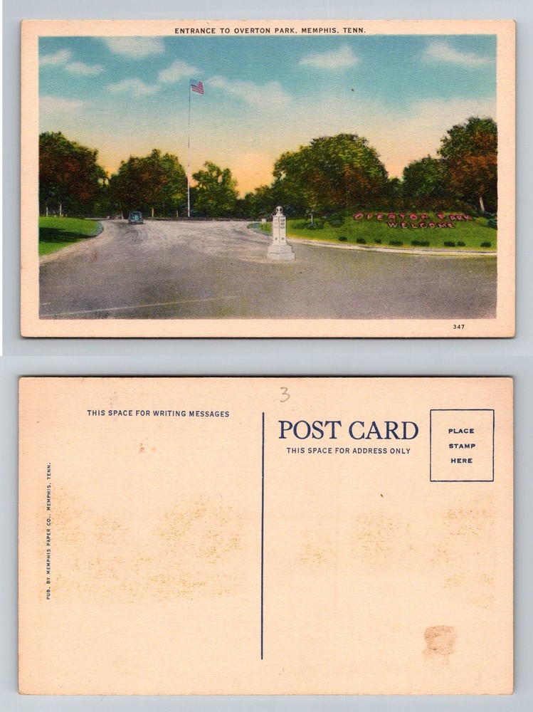 Memphis, TN-Tennessee, Entrance to Overton Park Flagpole Scene Vintage Postcard
