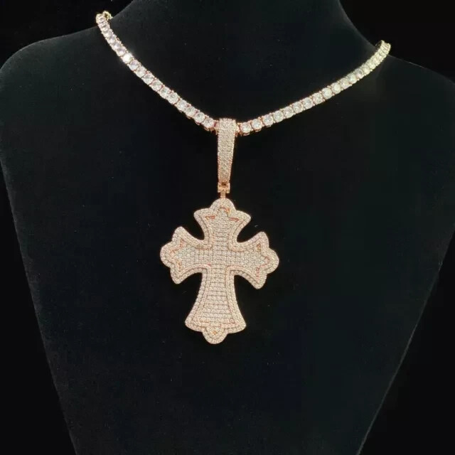 3.10Ct Round Lab Created Diamond Unisex Cross Men's Pendant 14K Rose Gold Plated