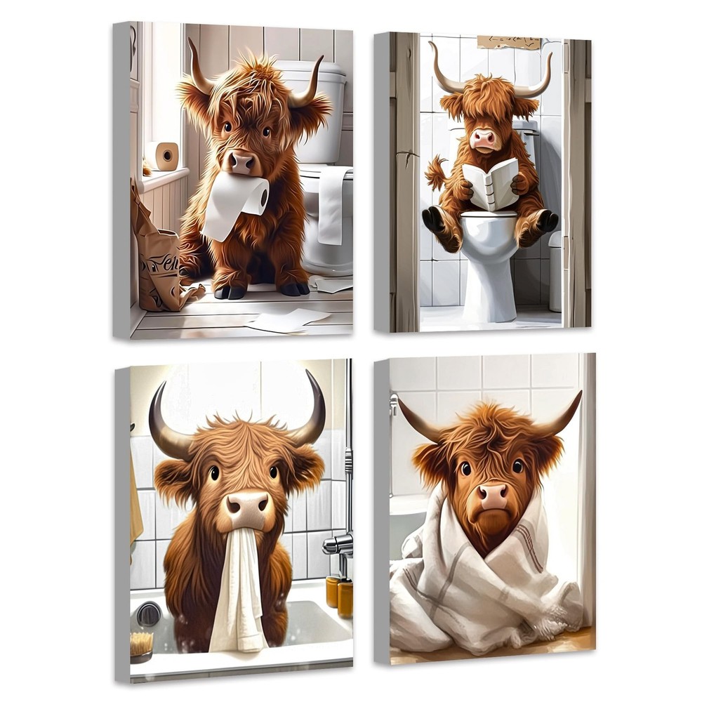 Cute Highland Cow Bathroom Framed Wall Art Funny Animal Rustic Canvas Prints ...