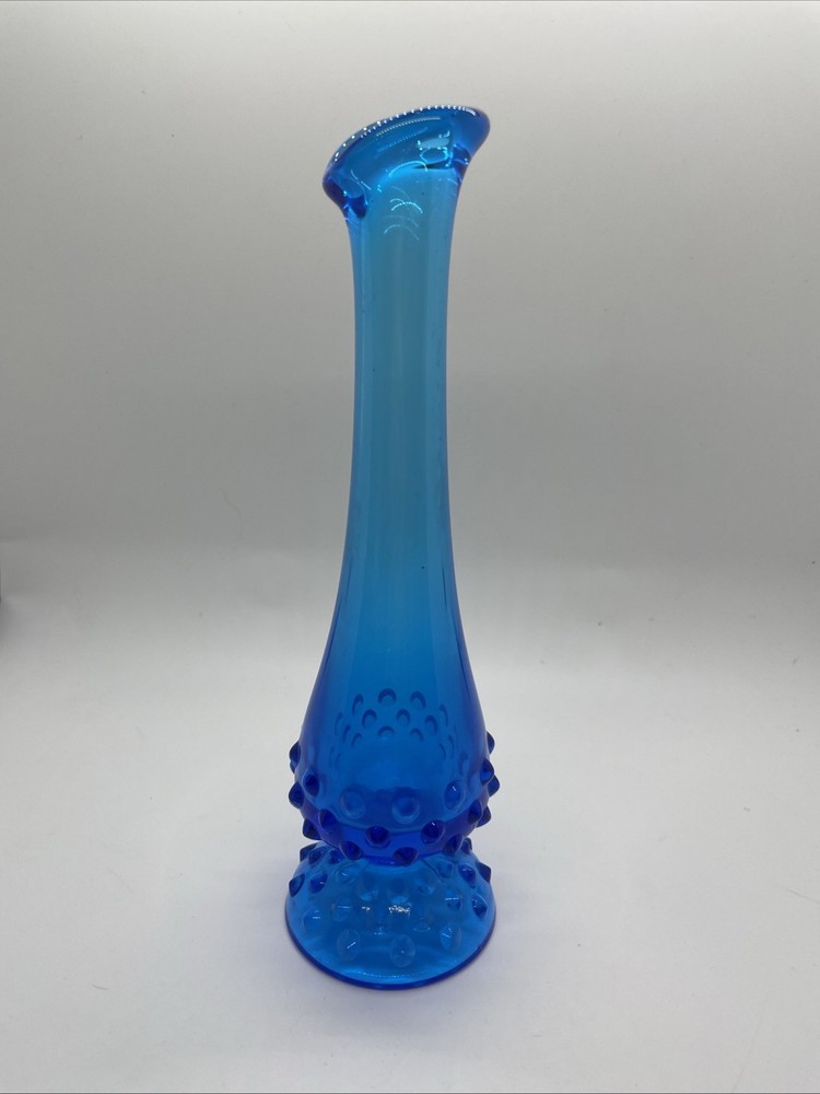 Vintage MCM Fenton Art Glass Blue Hobnail Swung Pedestal Bud Vase 9” mid century