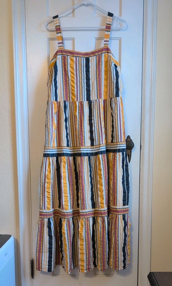 LOFT Striped Tiered Maxi Dress 14P Sleeveless Beach Sundress Seersucker