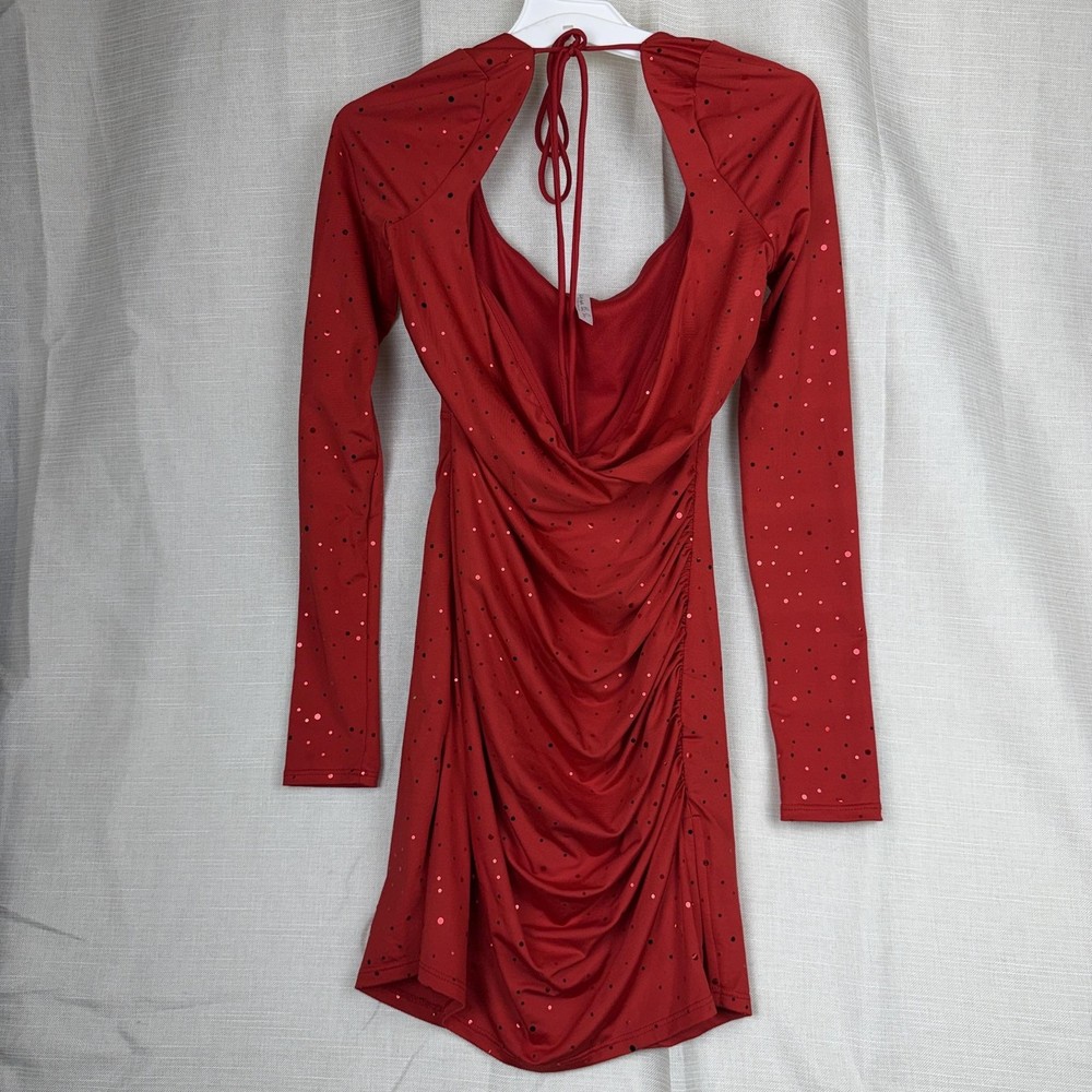 Lucy In The Sky Dress Womens Small Red Sequin Ruched Cowl Neck Bodycon Mini