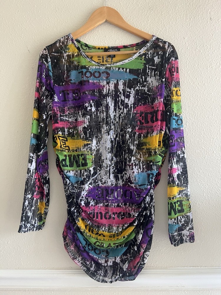 Edgy Graffiti Print Mesh Bodycon Top Long Sleeve 1X Festival Wear