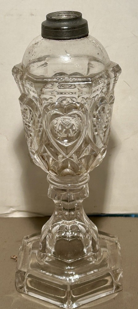19thC Whale Oil Lamp, HEART SANDWICH GLASS ANTIQUE, 8.5” Clean!