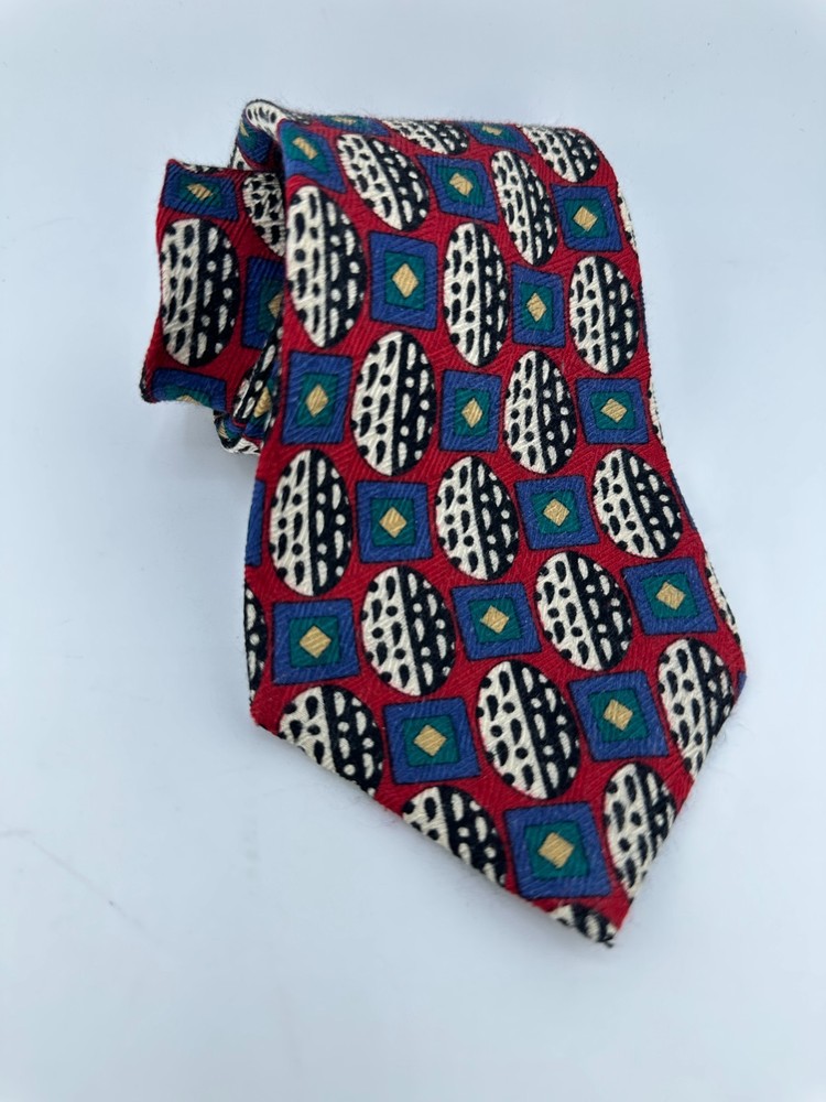 Guy Laroche Red Geometric Silk Tie Vintage Designer Montreal Made in Canada