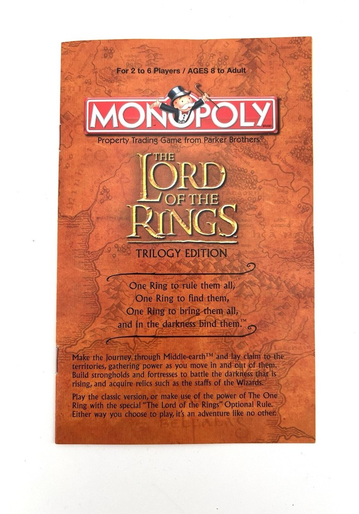 Lord of the Rings Trilogy Edition Monopoly Board Game - Replacement Instructions
