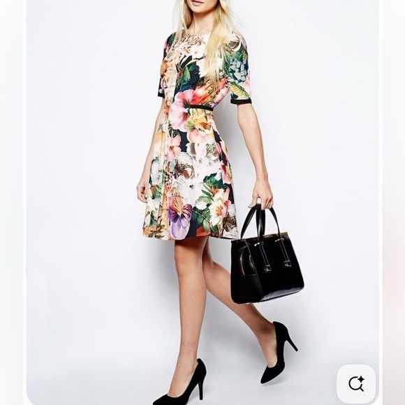 Ted Baker London Floral Fit Flare Dress Black Trim Multicolor Short Sleeve | 1