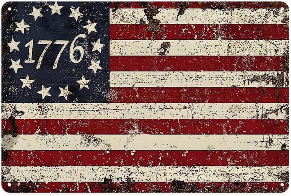 Patriotic 1776 Flag Tin Sign, Vintage American War Wall Decor 8x12 Inch