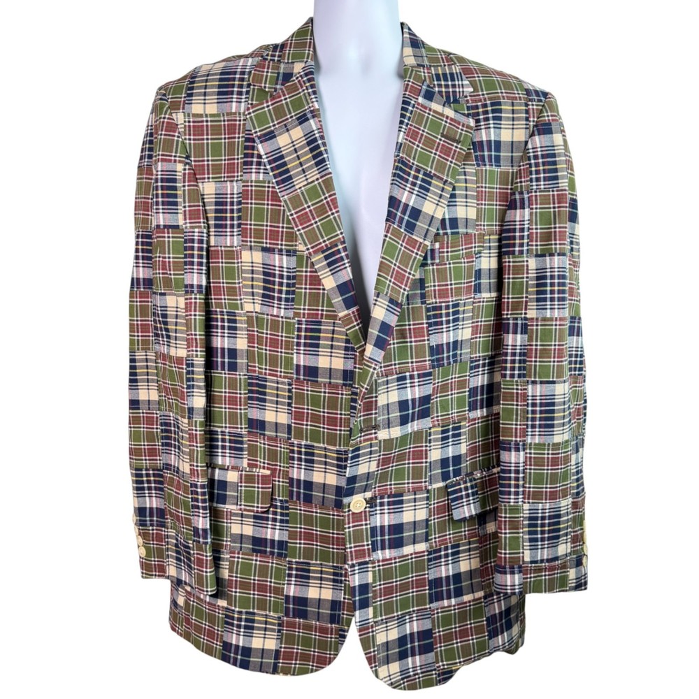 Orvis Mens Cotton Patchwork Madras Blazer Sport Coat Jacket Size 42L