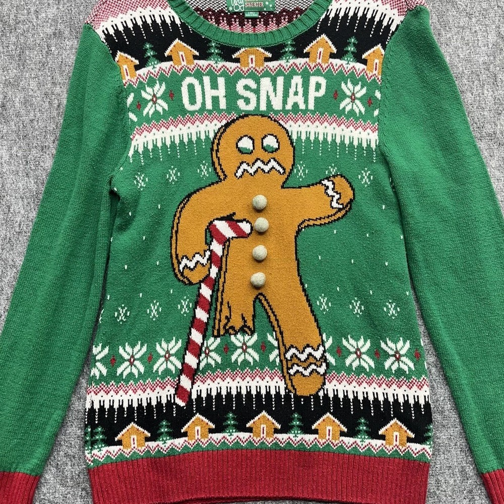 Ugly Christmas Sweater Mens Medium Fair Isle Gingerbread Oh Snap Funny Green