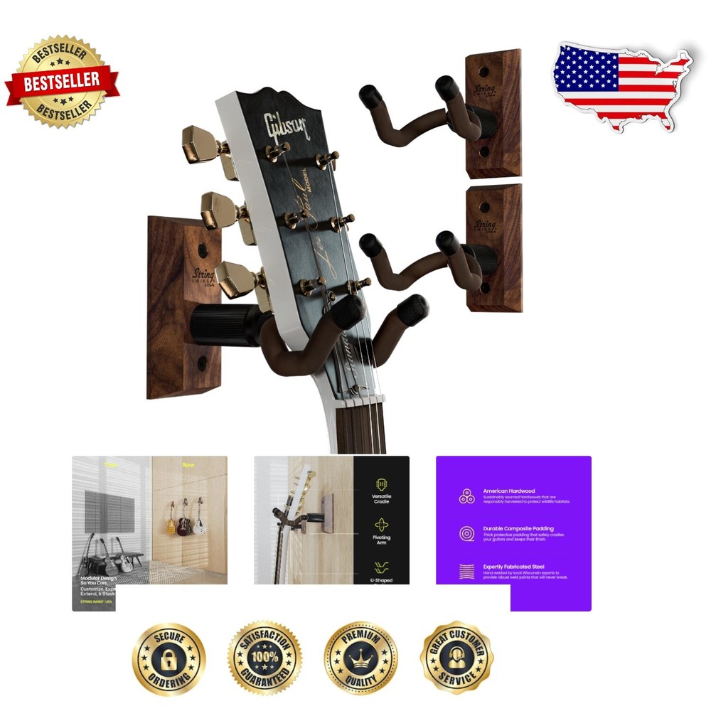 Black Walnut Guitar Hanger 3-Pack - Deep Cradle Wall Mounts for Enhanced Safety