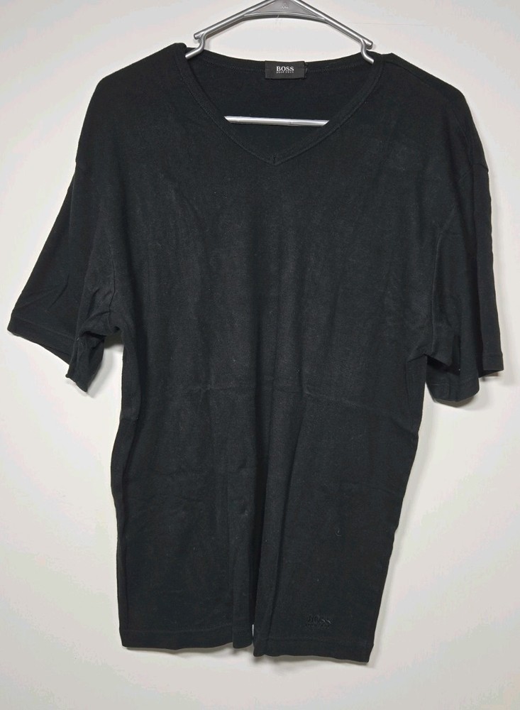 BOSS Hugo Boss Men's T-Shirt Large L Black V-Neck Short Sleeve Cotton Logo Tee