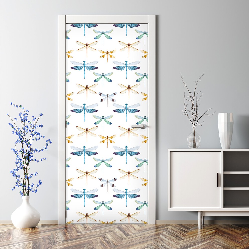 Dragonflies Bubble Free Door sticker yellow and blue Decal Decor photo mural