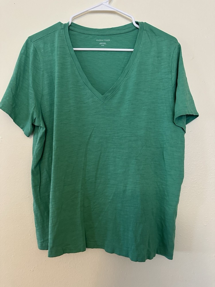 Eileen Fisher Green 100% Organic Cotton V-Neck Short Sleeve T-Shirt Size M